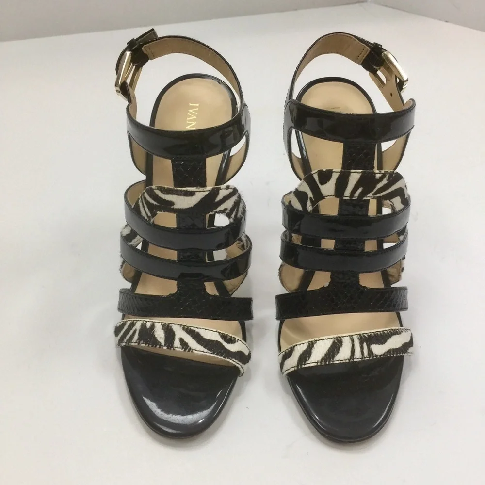 Ivanka Trump Haslets Spiked Cage Spike Heel Sandals Black/White Zebra Size 6 1/2